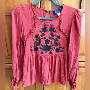 Blue Rain Burgundy Blouse with Black Floral Design